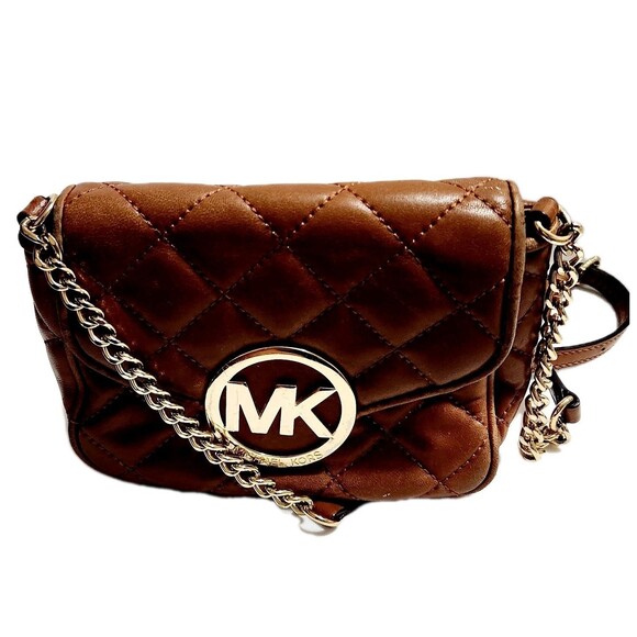 Michael Kors MK Small Chain Fulton Quilted Brown Leather Crossbody Bag Purse - Picture 1 of 12